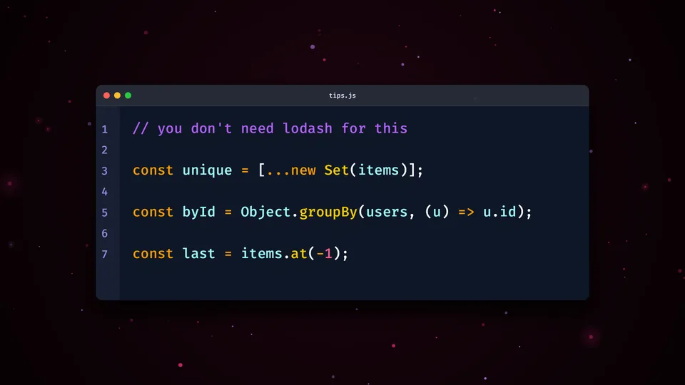 A glass code window with three JavaScript one-liners over glowing pink particles