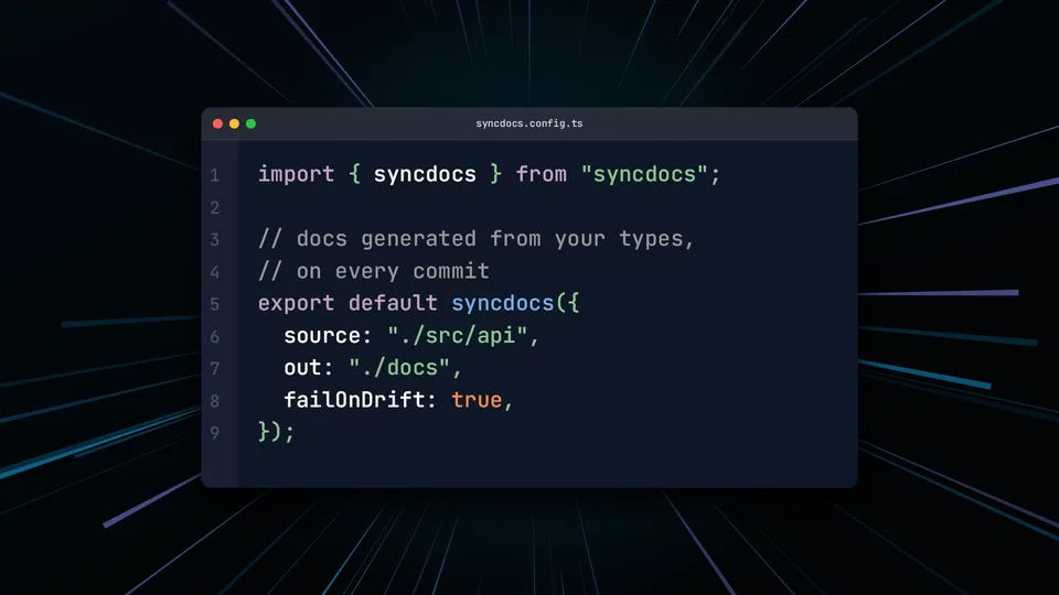 A glass code window with a TypeScript config file over blue speed lines